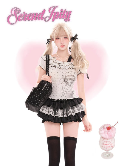 Person wearing a black and white outfit with ruffles, holding a polka dot bag, against a pink background