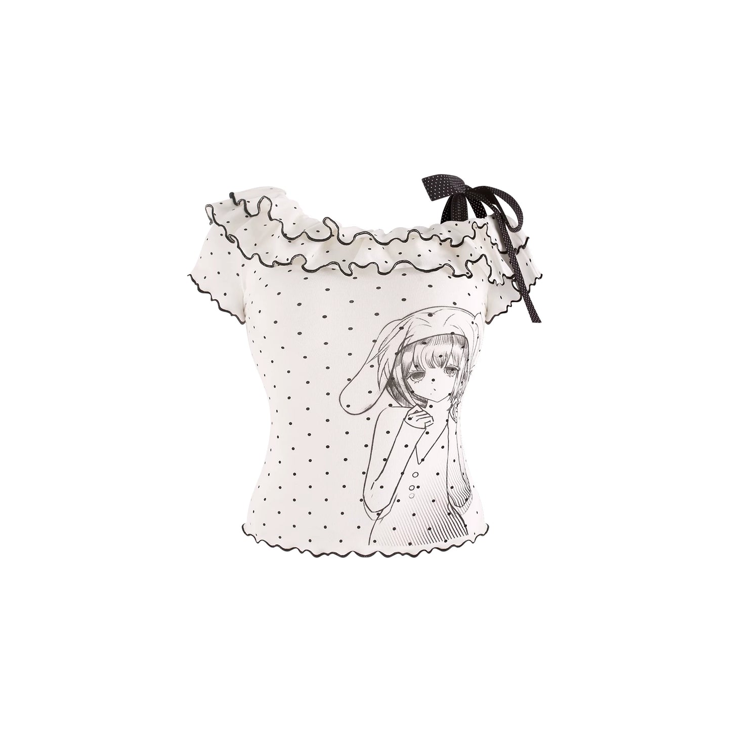 Translucent top with ruffled edges and a black bow on a white background