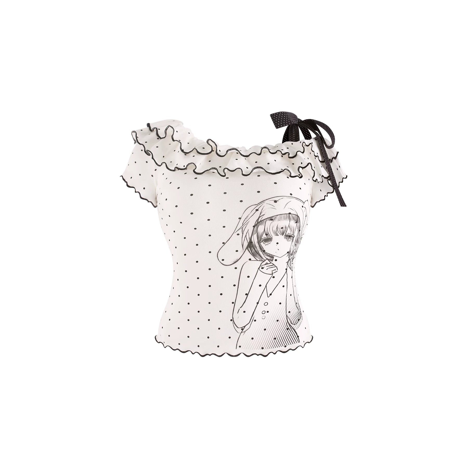 Translucent top with ruffled edges and a black bow on a white background