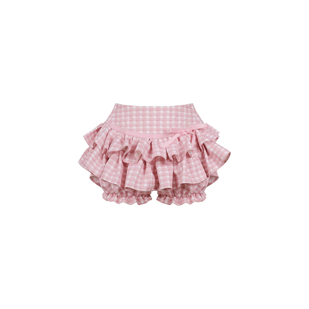 Pink checkered ruffled bloomers on a white background