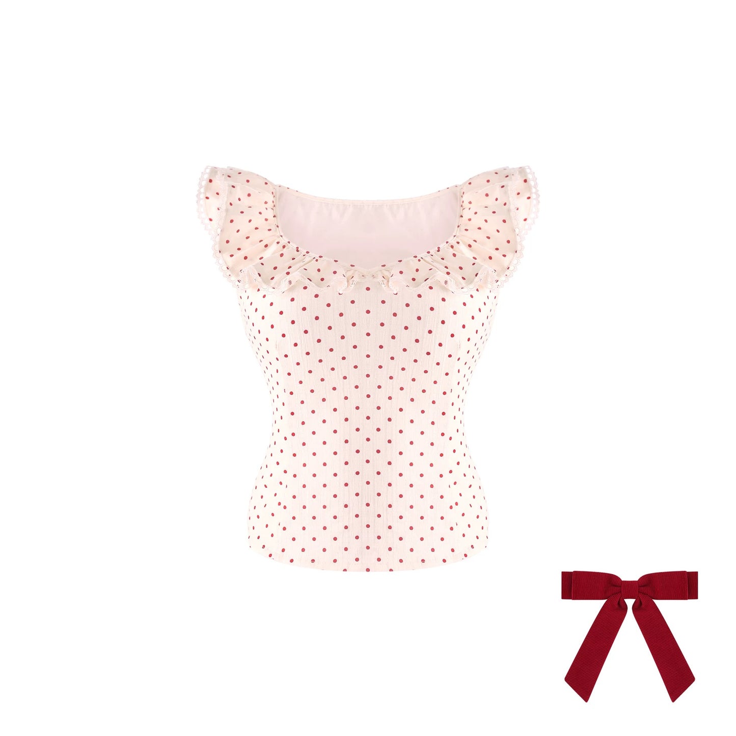 Pink polka dot blousewith a red bow on a white background