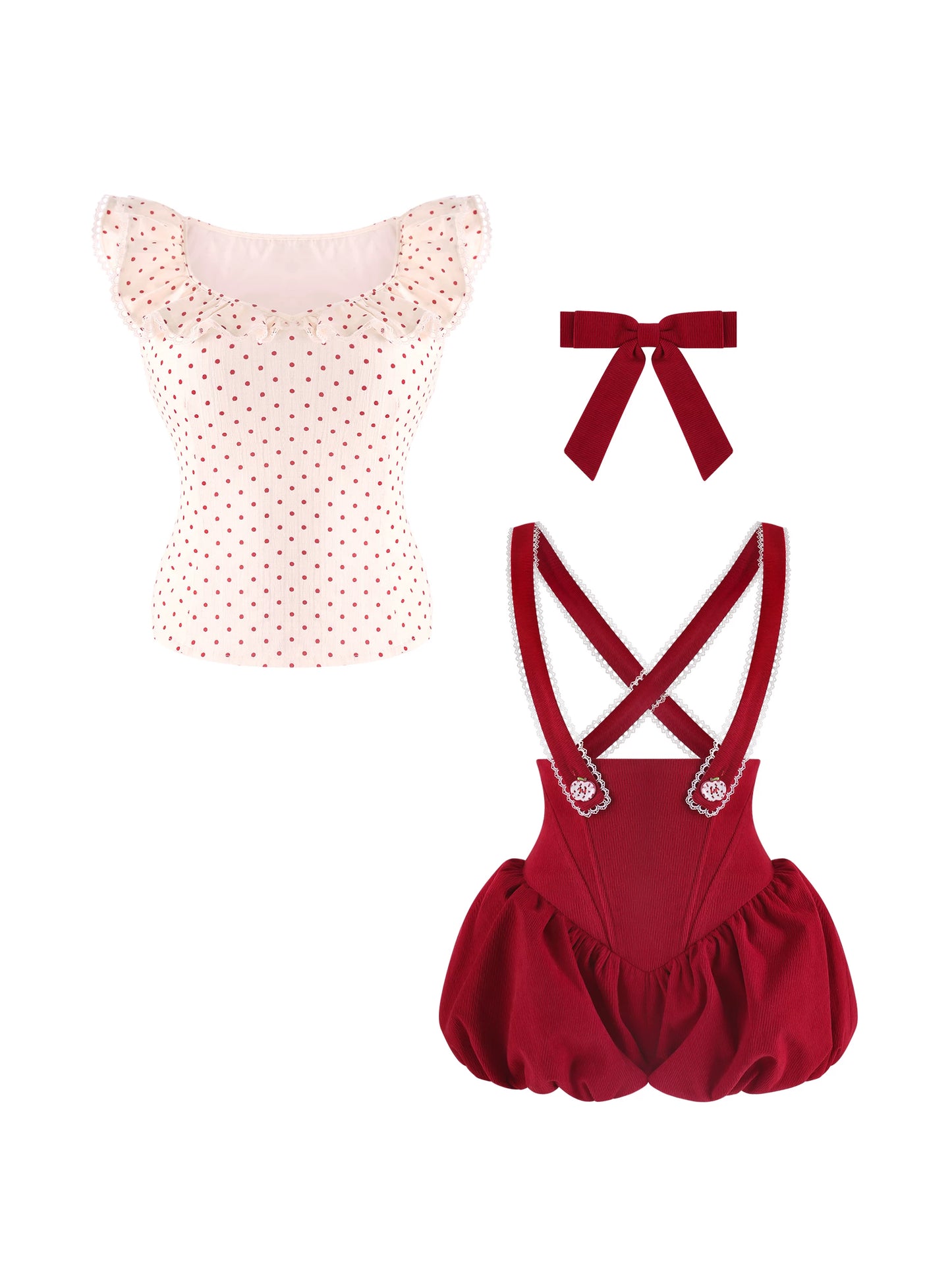 Red romper with suspenders and a matching bow on a white background