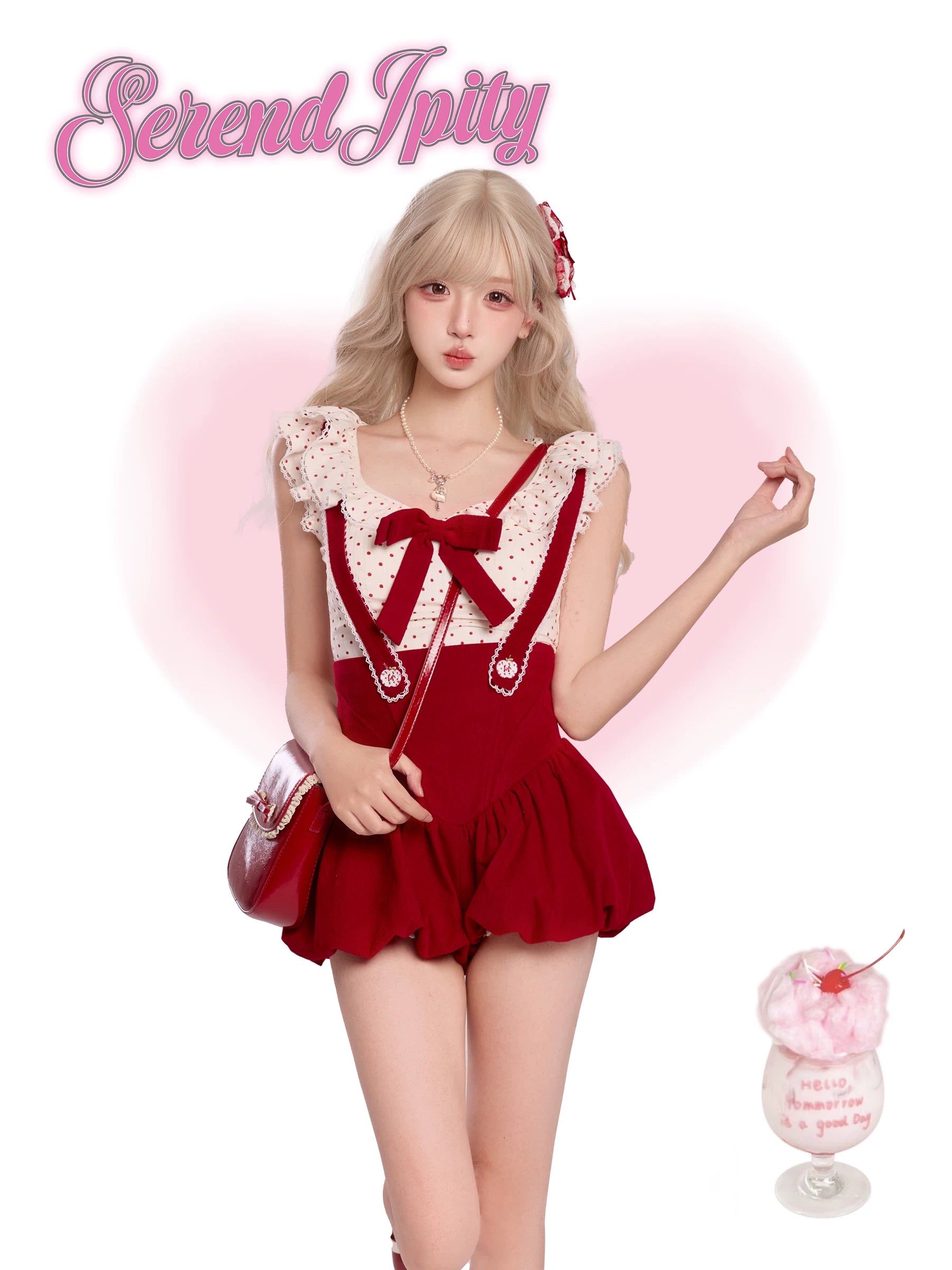 Woman in a red and white outfit, holding a pink handbag.