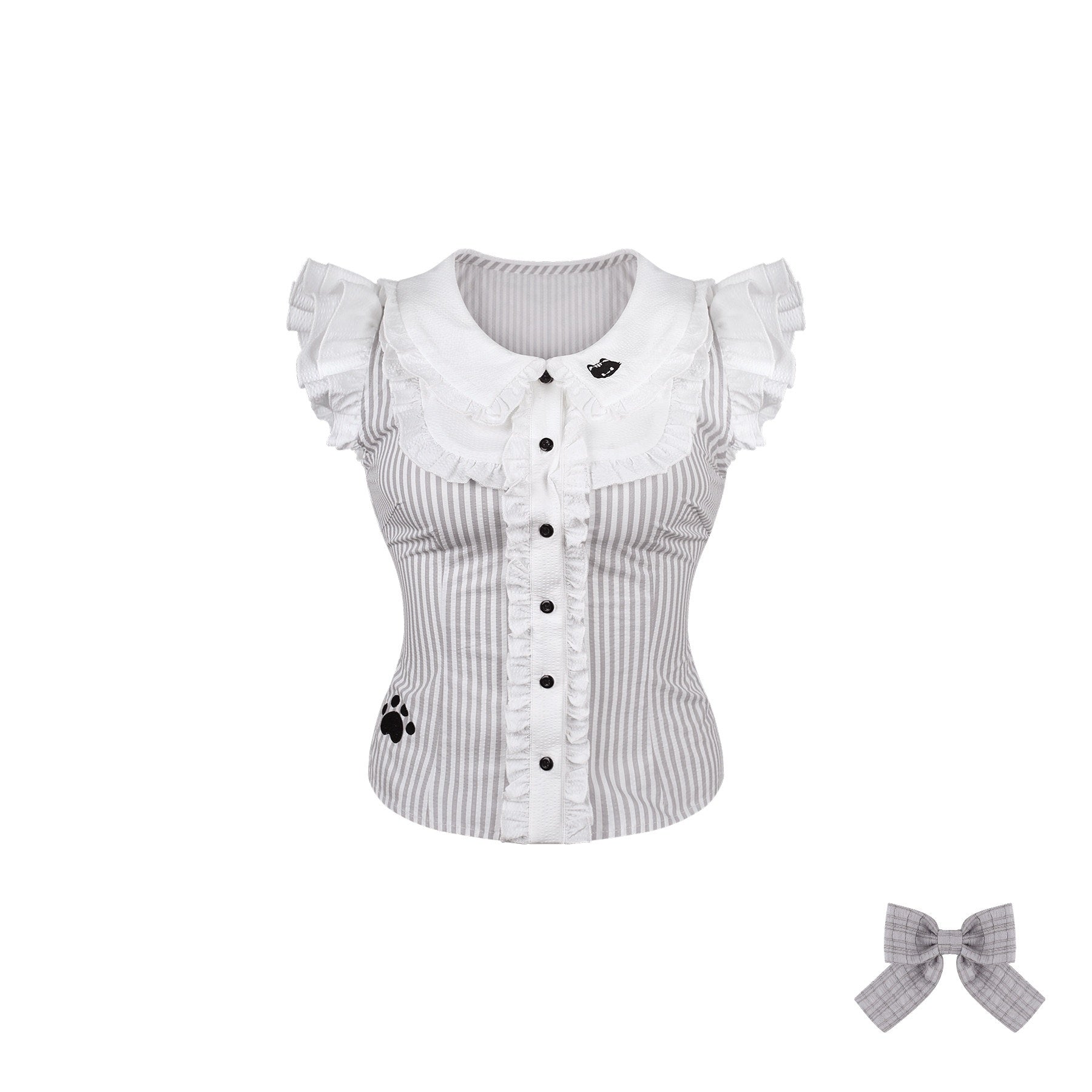 White blouse with ruffled sleeves and a small bow on a white background