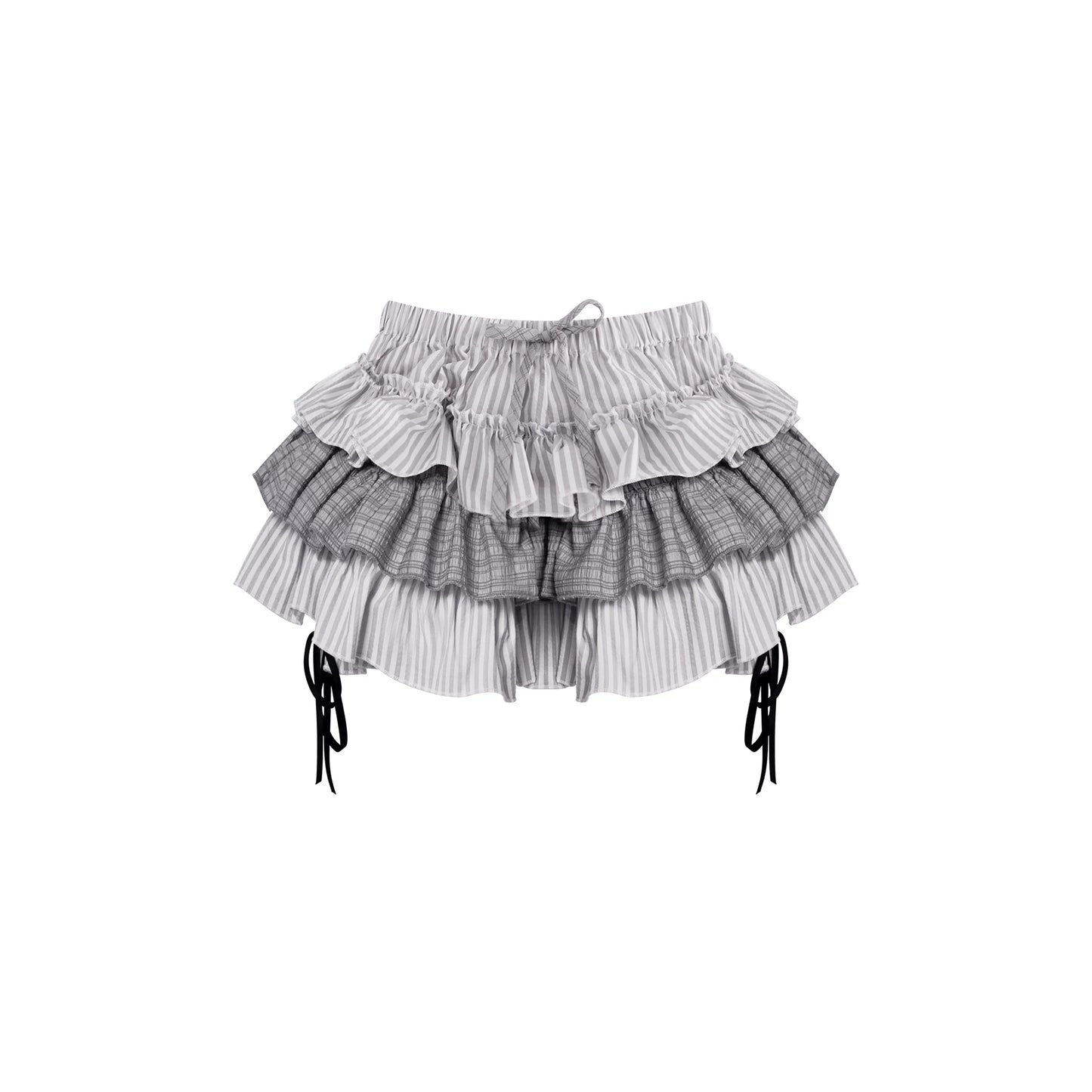A three-layered striped mini skirt against a white background