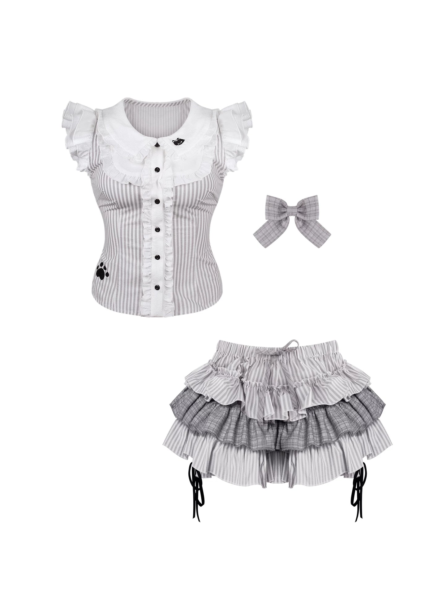 Lolita fashion outfit with top, skirt, and headband on a white background