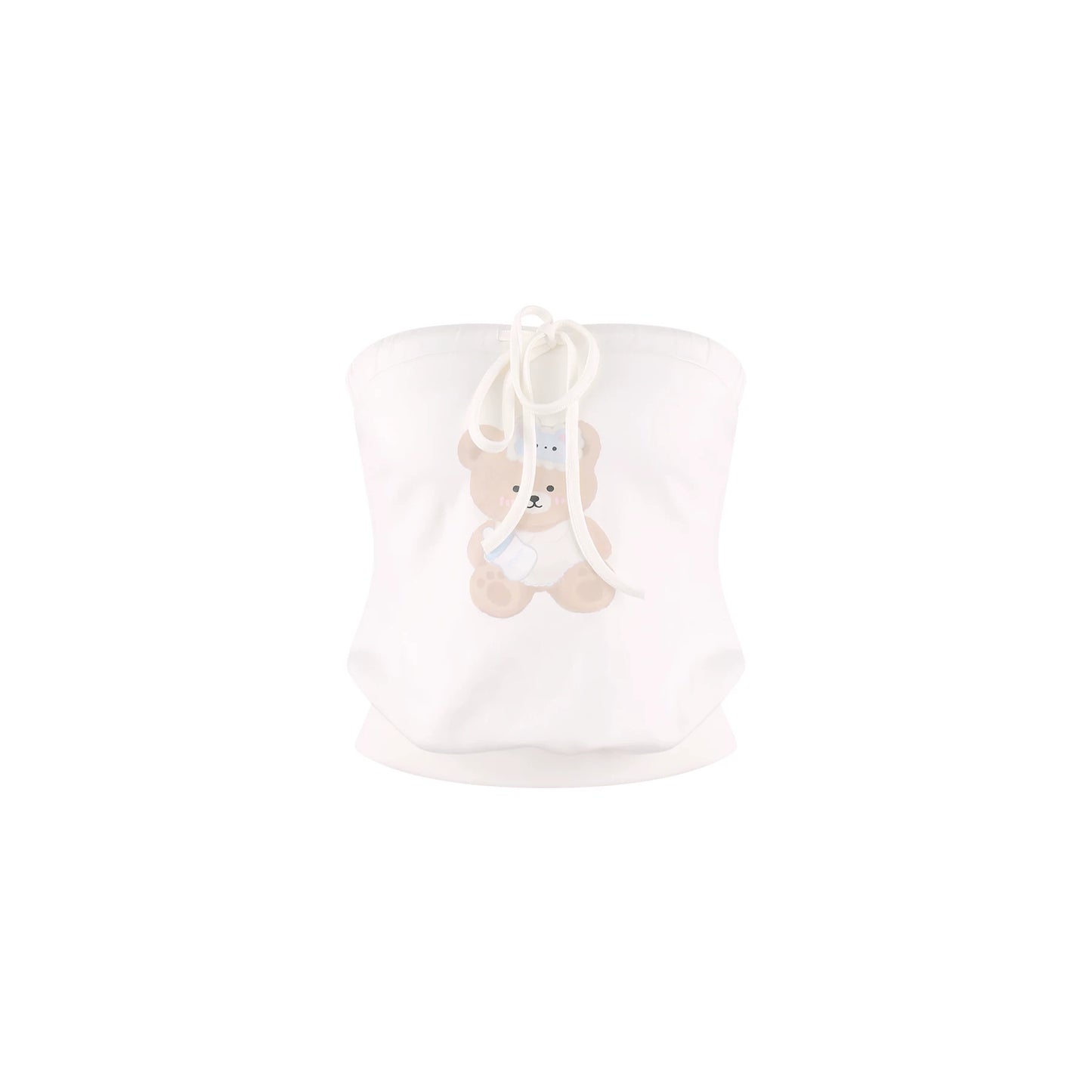 A white bandeau with a drawstring closure and a cute teddy bear applique on the front, shown against a plain white background.