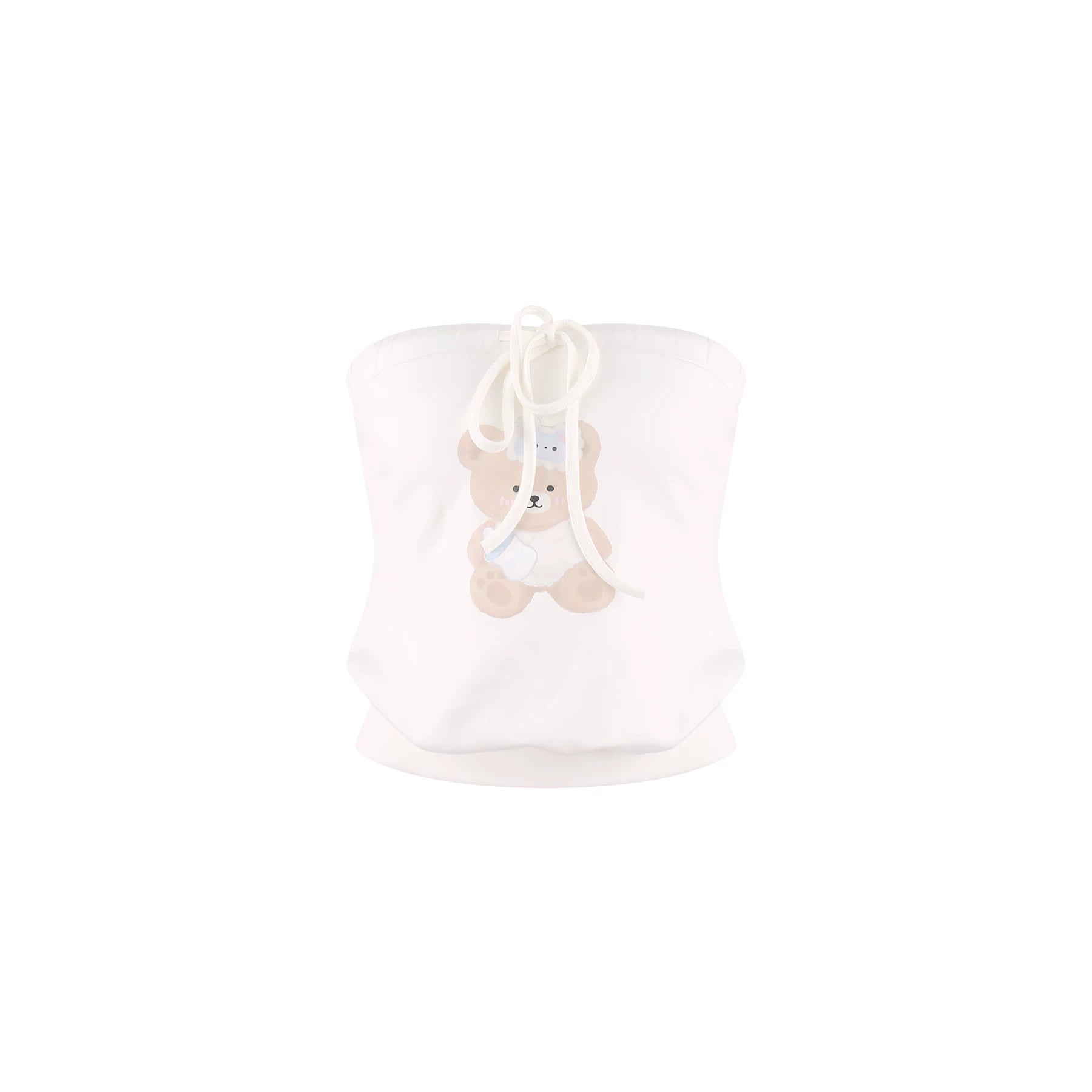A white bandeau with a drawstring closure and a cute teddy bear applique on the front, shown against a plain white background.