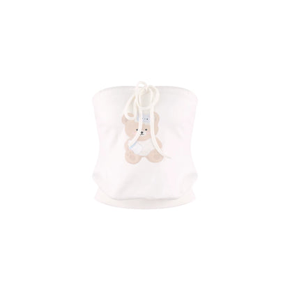A white bandeau with a drawstring closure and a cute teddy bear applique on the front, shown against a plain white background.
