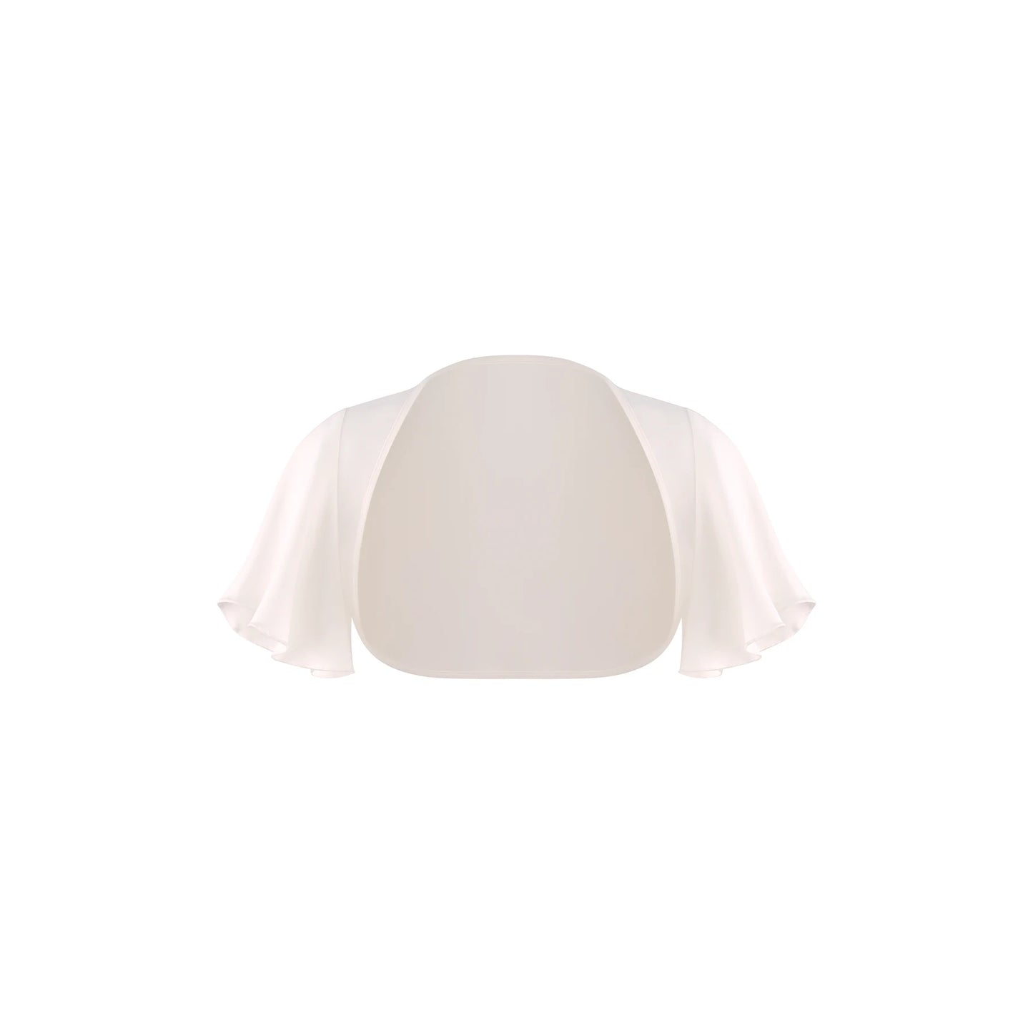 A cream-colored short-sleeve shrug or bolero jacket with a smooth satin-like finish, displayed on a plain white background.