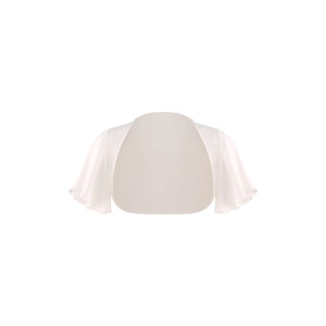 A cream-colored short-sleeve shrug or bolero jacket with a smooth satin-like finish, displayed on a plain white background.