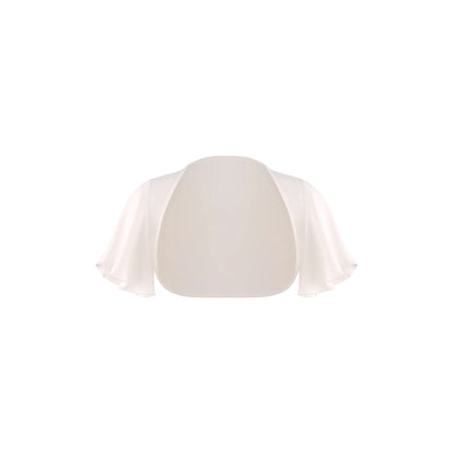 A cream-colored short-sleeve shrug or bolero jacket with a smooth satin-like finish, displayed on a plain white background.