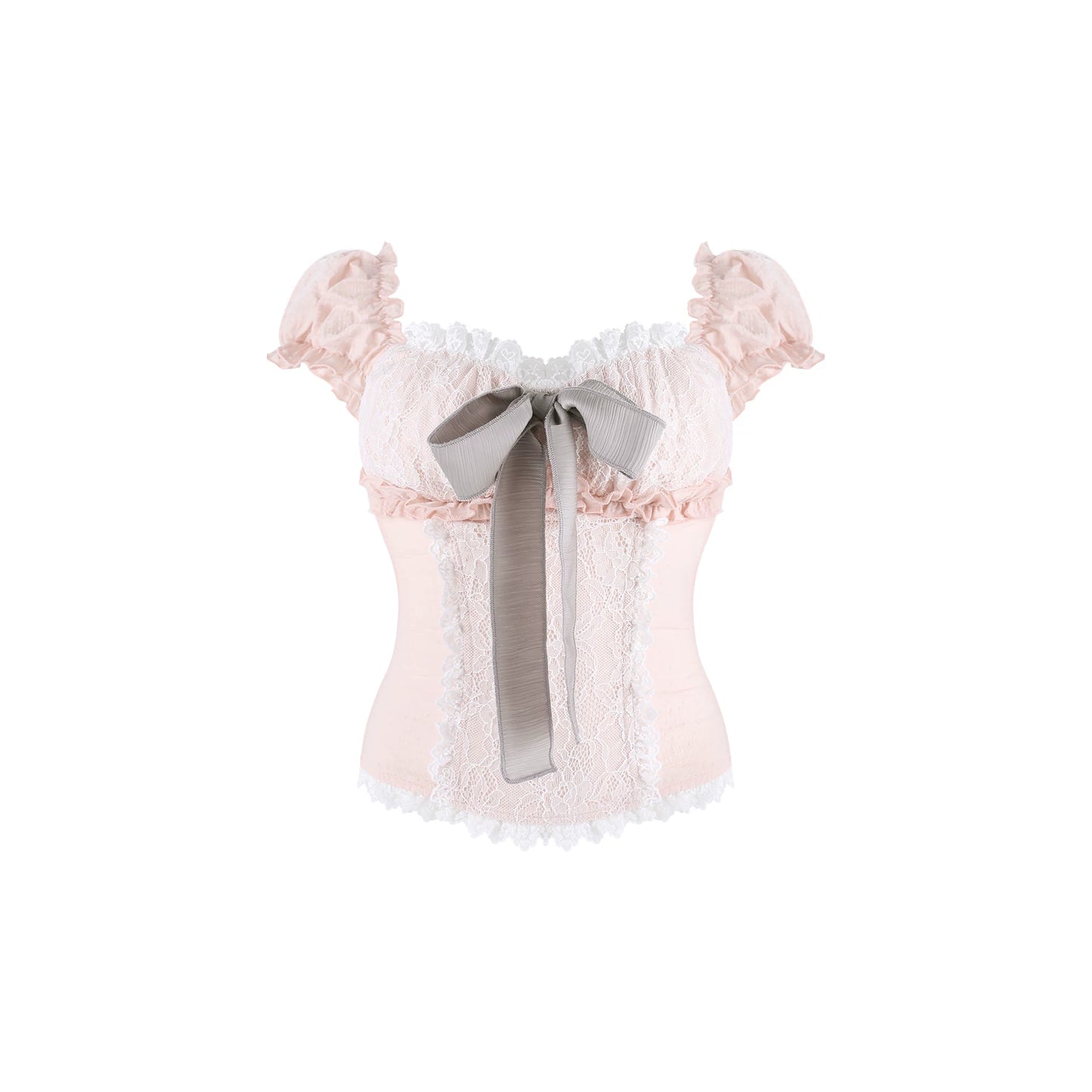 A pale pink lace corset-style top with ruffled off-the-shoulder sleeves, a large gray ribbon bow at the center front, and white lace trim along the neckline and hem, shown on a plain white background.