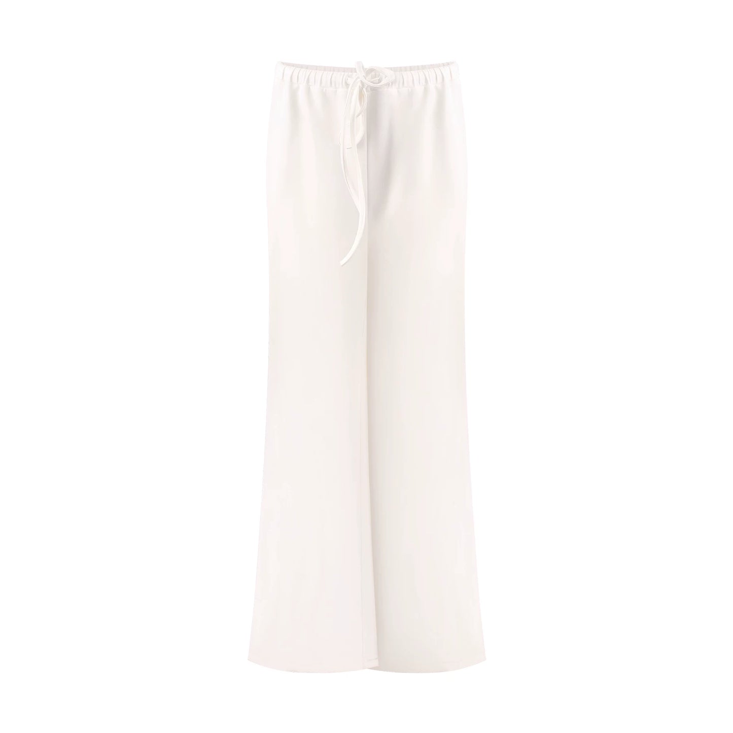 A pair of off-white wide-leg pants with an elastic waistband and a matching drawstring, shown against a plain white background.