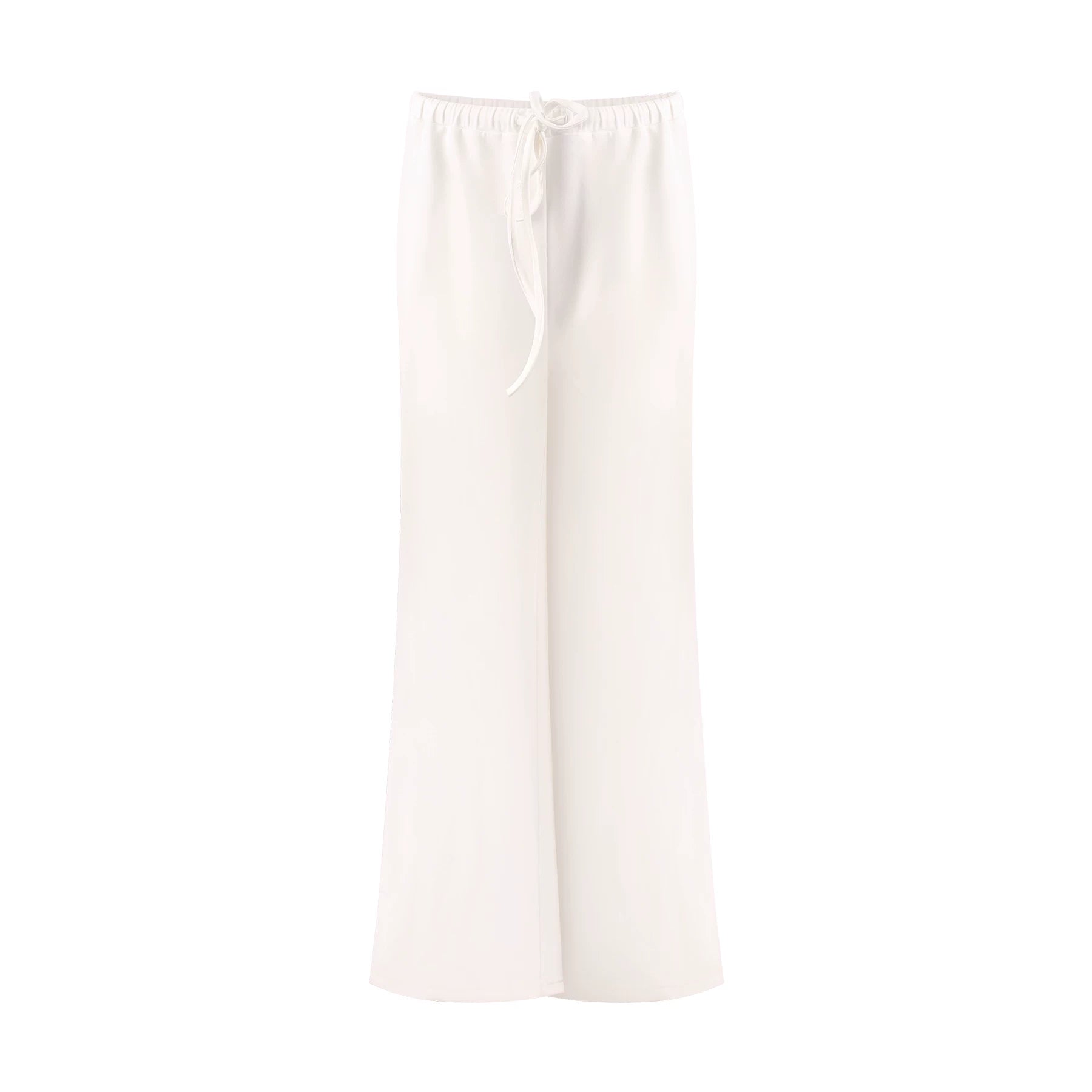 A pair of off-white wide-leg pants with an elastic waistband and a matching drawstring, shown against a plain white background.