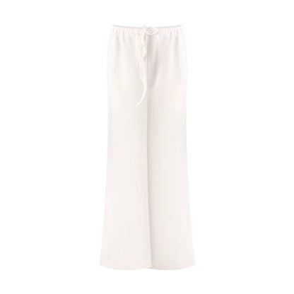 A pair of off-white wide-leg pants with an elastic waistband and a matching drawstring, shown against a plain white background.