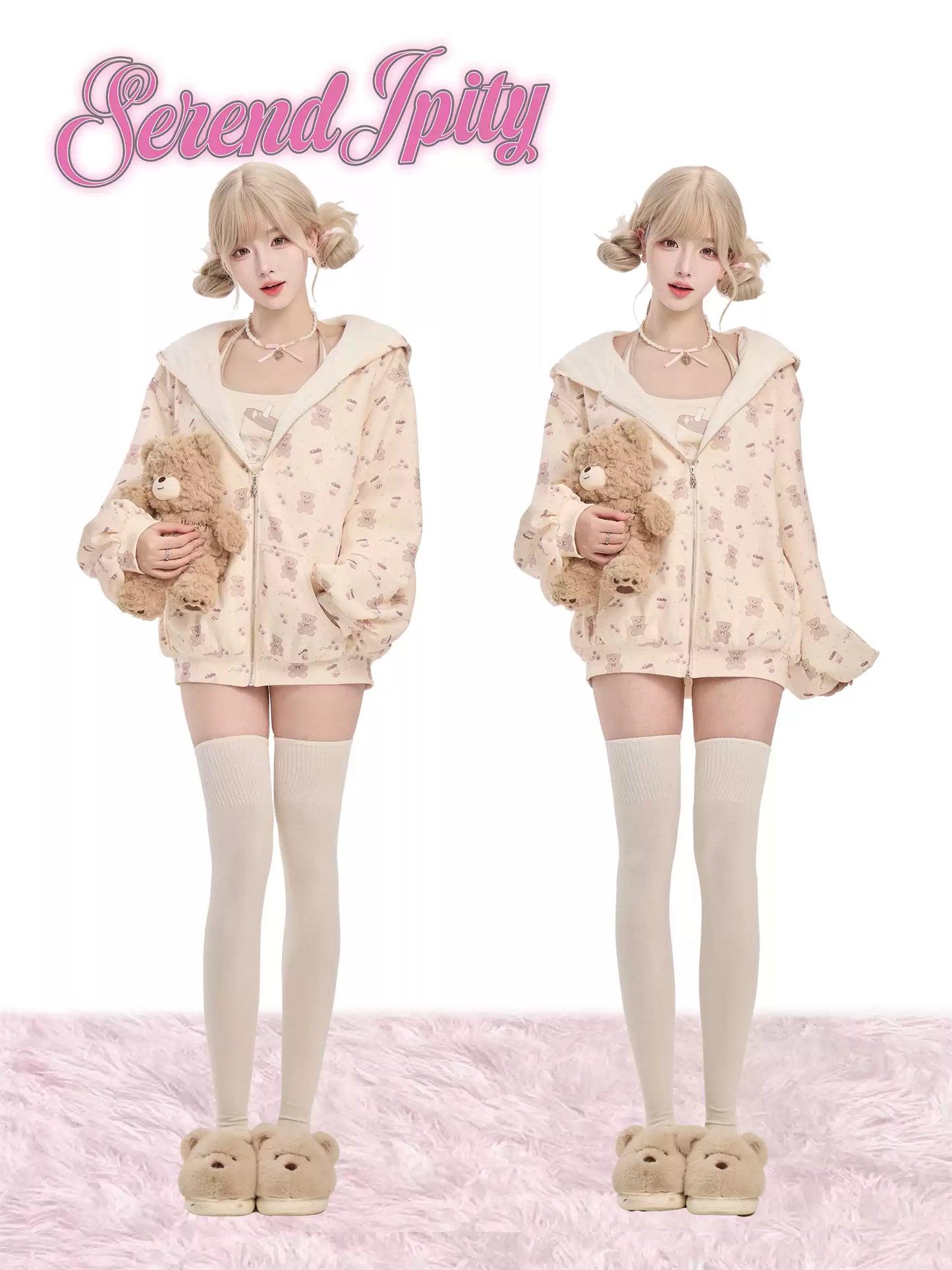 Two identical outfits with a teddy bear held by a person on a white background.