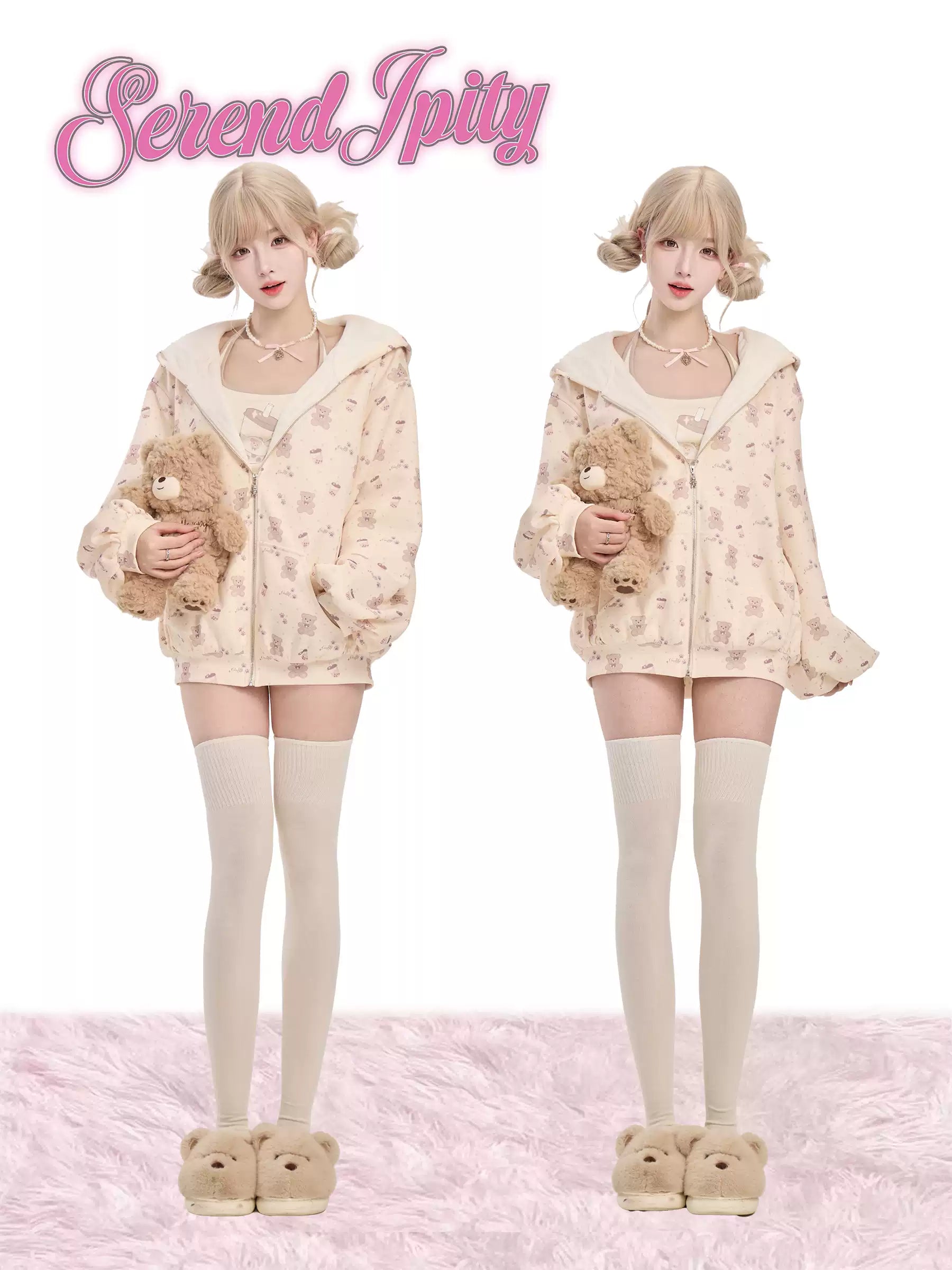 Two identical outfits with a teddy bear held by a person on a white background.