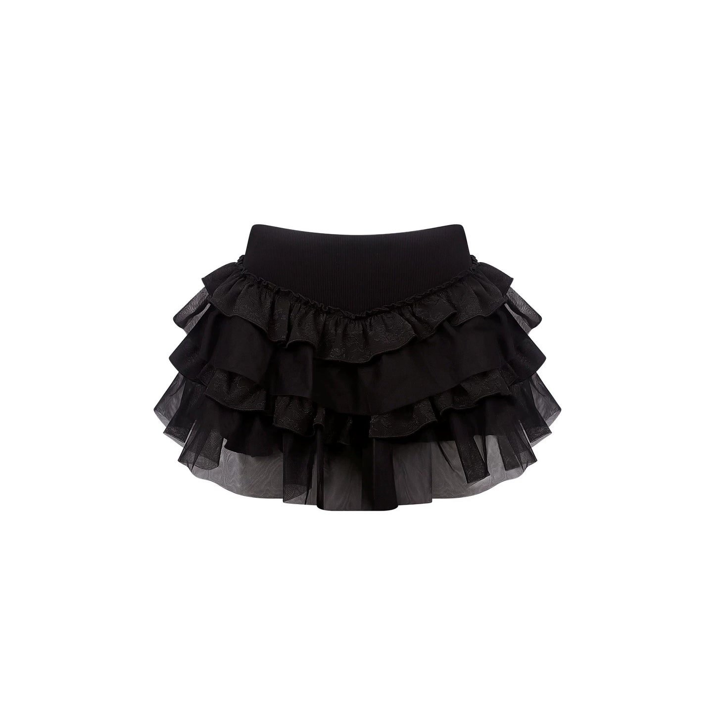 A black ruffled tutu skirt with multiple tiers of sheer mesh and fabric layers, shown against a plain white background.