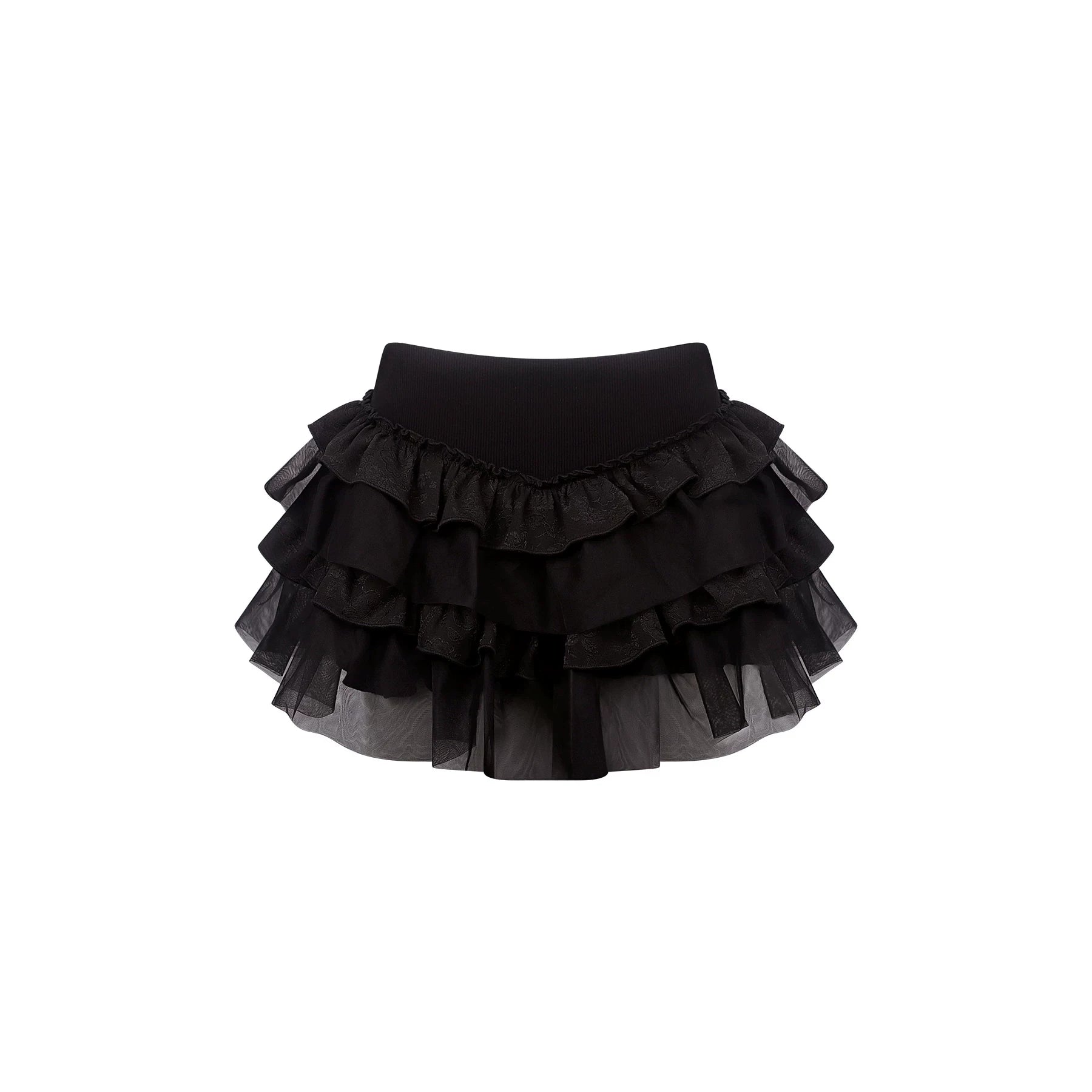 A black ruffled tutu skirt with multiple tiers of sheer mesh and fabric layers, shown against a plain white background.