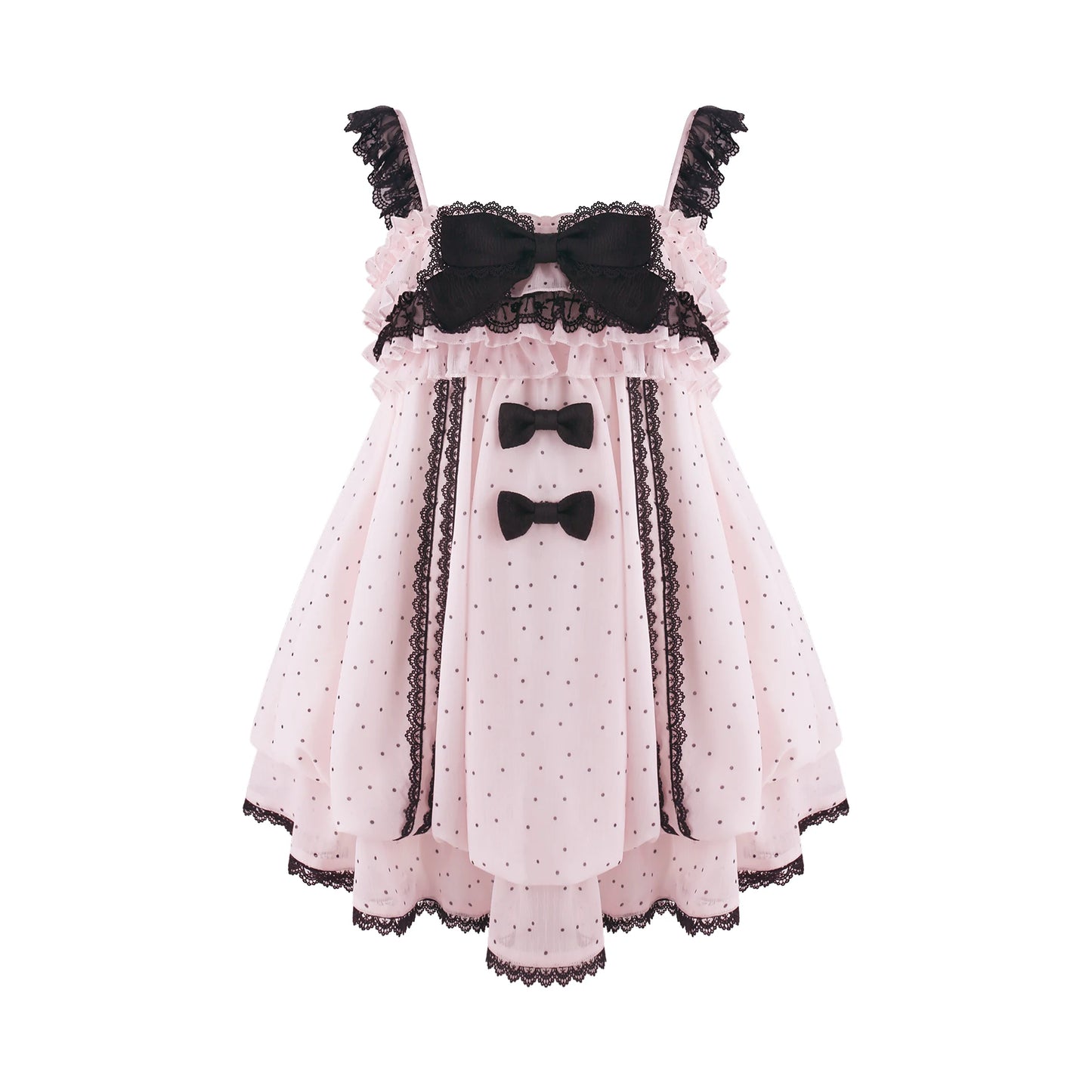 A pink Lolita-style dress with black lace trim, polka dots, ruffles, and three black bow accents on the bodice and skirt, shown against a plain white background.