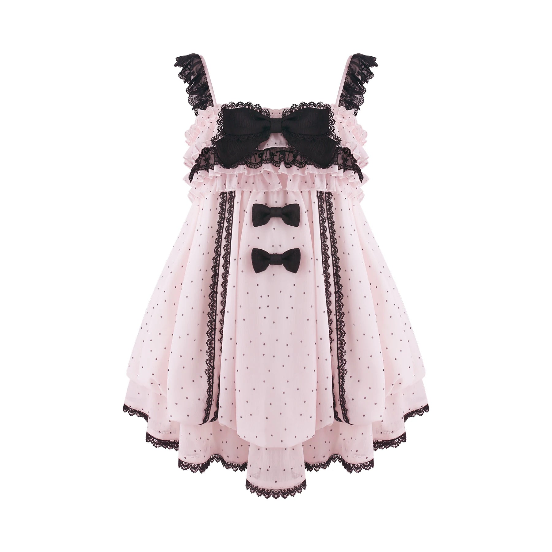 A pink Lolita-style dress with black lace trim, polka dots, ruffles, and three black bow accents on the bodice and skirt, shown against a plain white background.