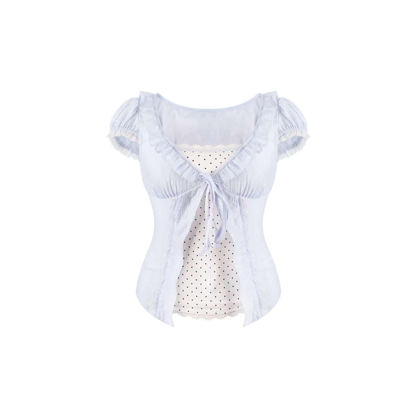 A light blue ruffled short-sleeve blouse with a tie at the neckline, layered over a white polka-dot top, shown against a plain white background.