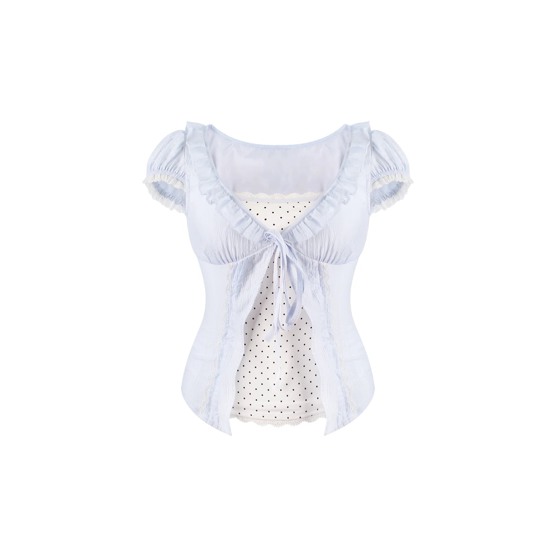 A light blue ruffled short-sleeve blouse with a tie at the neckline, layered over a white polka-dot top, shown against a plain white background.