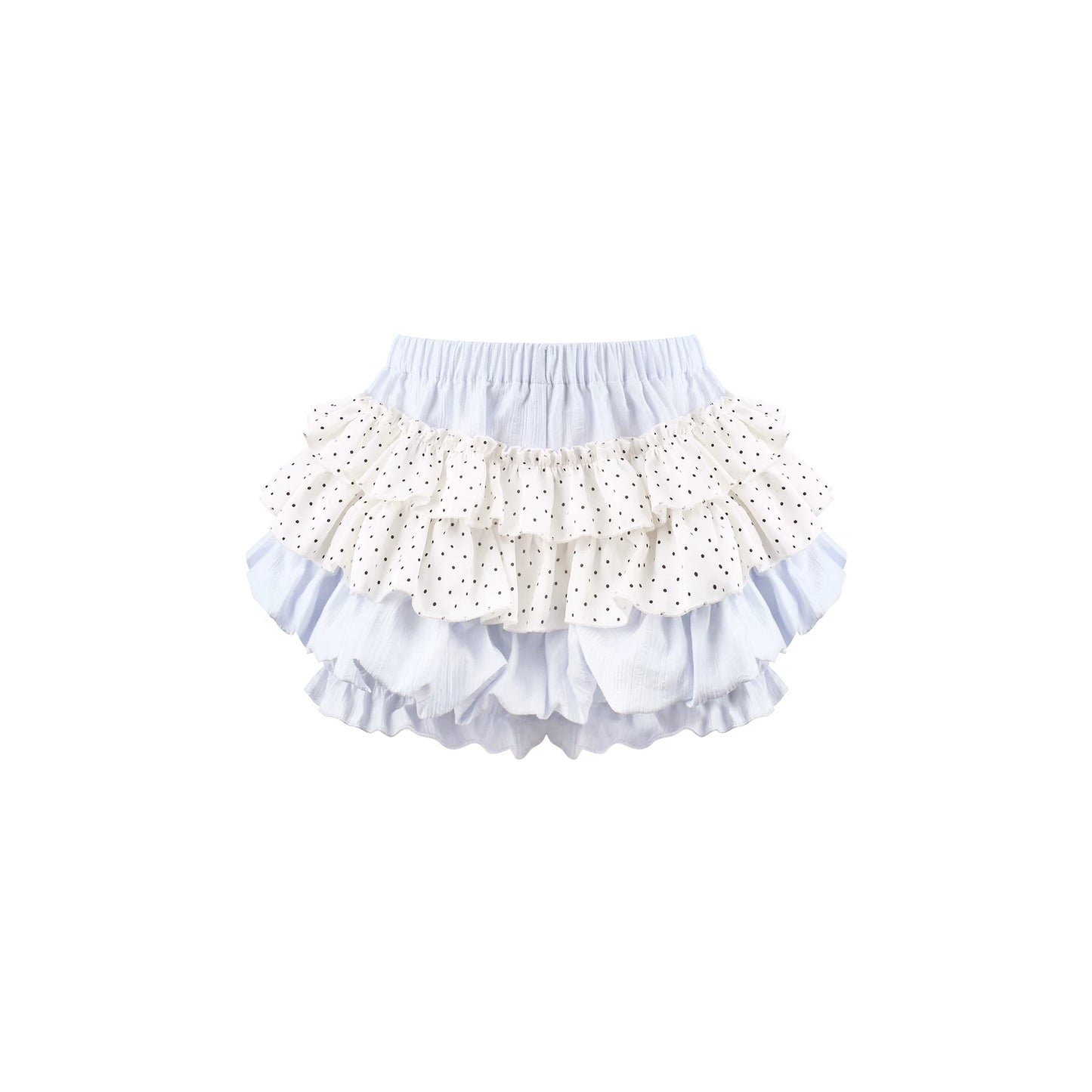A pair of ruffled bloomers featuring a light blue base with a white ruffle printed with tiny black polka dots, set against a plain white background.
