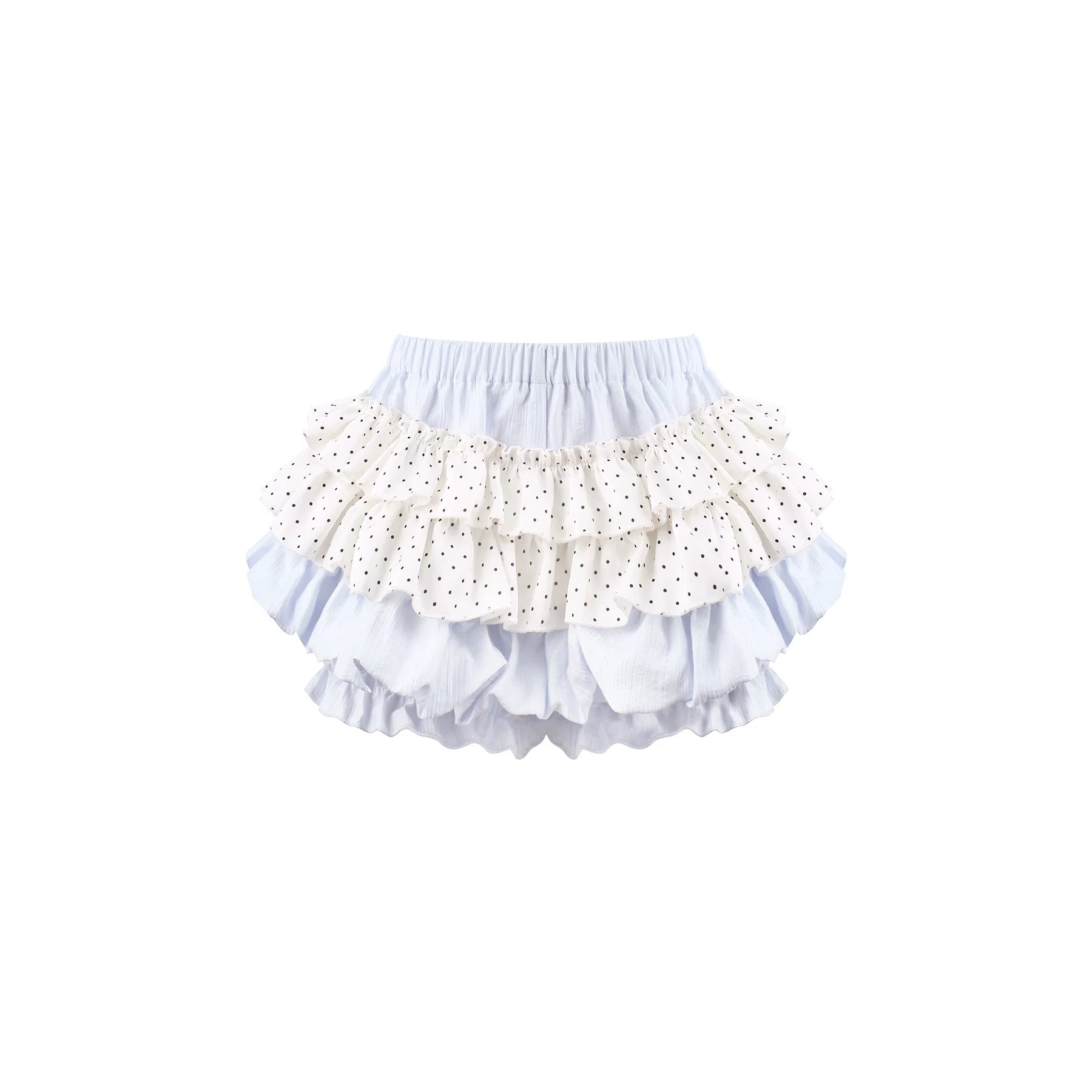 A pair of ruffled bloomers featuring a light blue base with a white ruffle printed with tiny black polka dots, set against a plain white background.