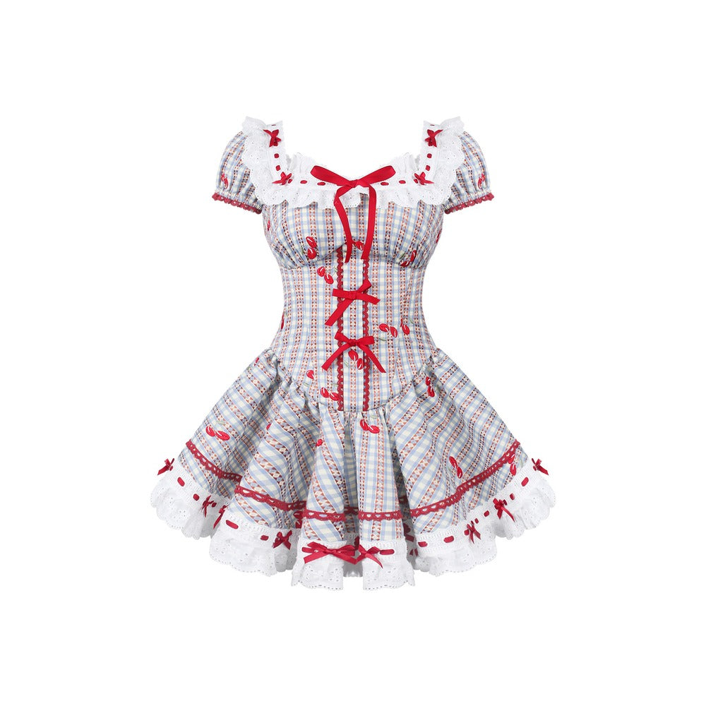 Red and blue plaid dress with red accents on a white background