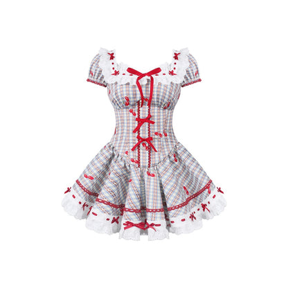 Red and blue plaid dress with red accents on a white background