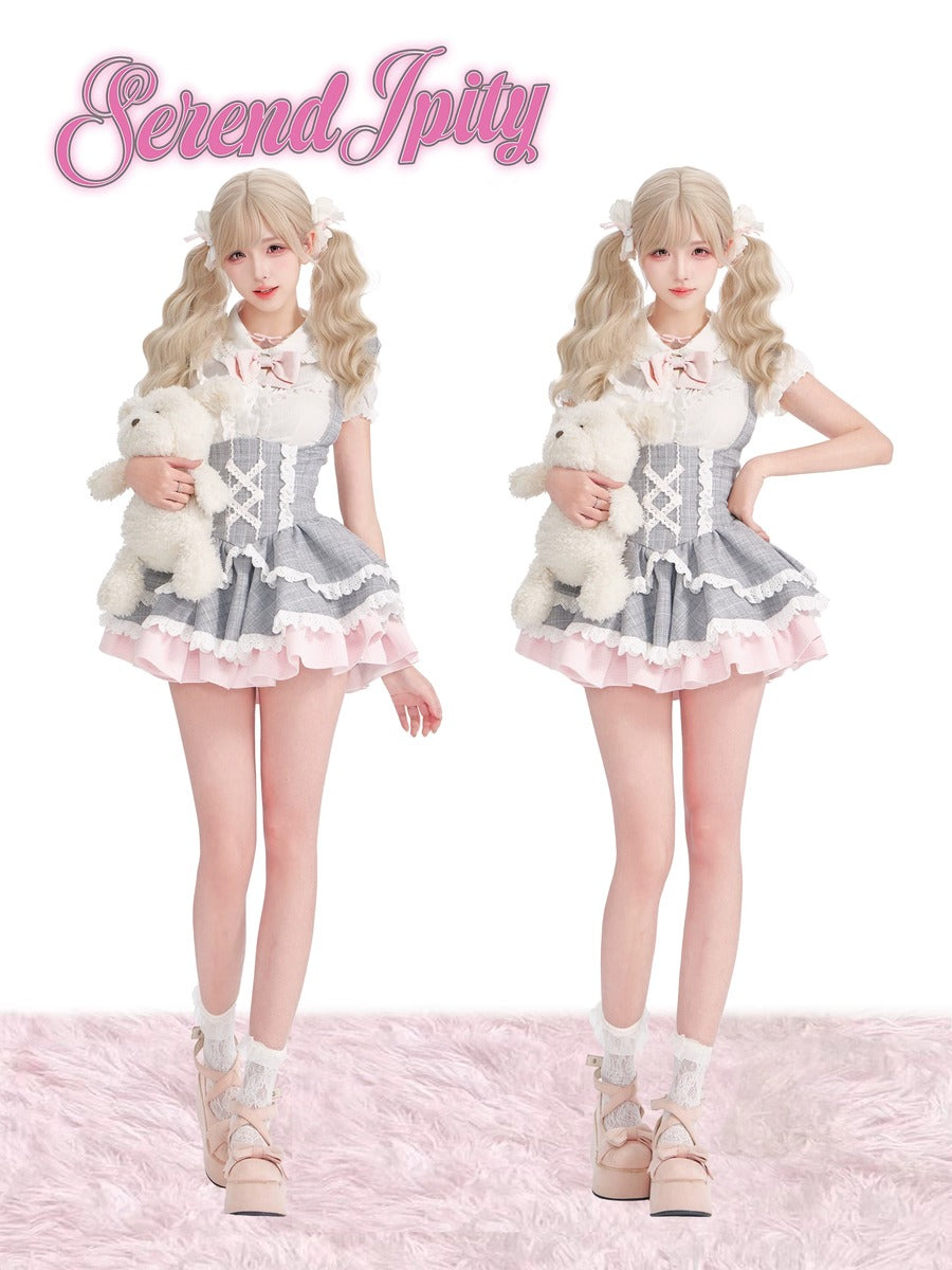 Two identical dolls in a matching outfit with teddy bears on a pink background