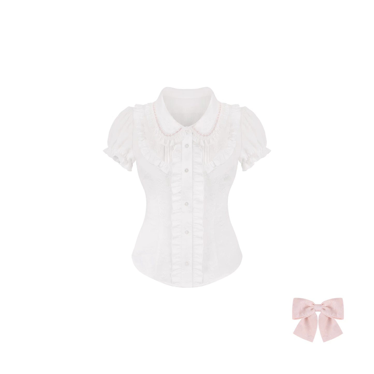 White blouse with ruffled collar and short sleeves on a white background, accompanied by a pink bow.