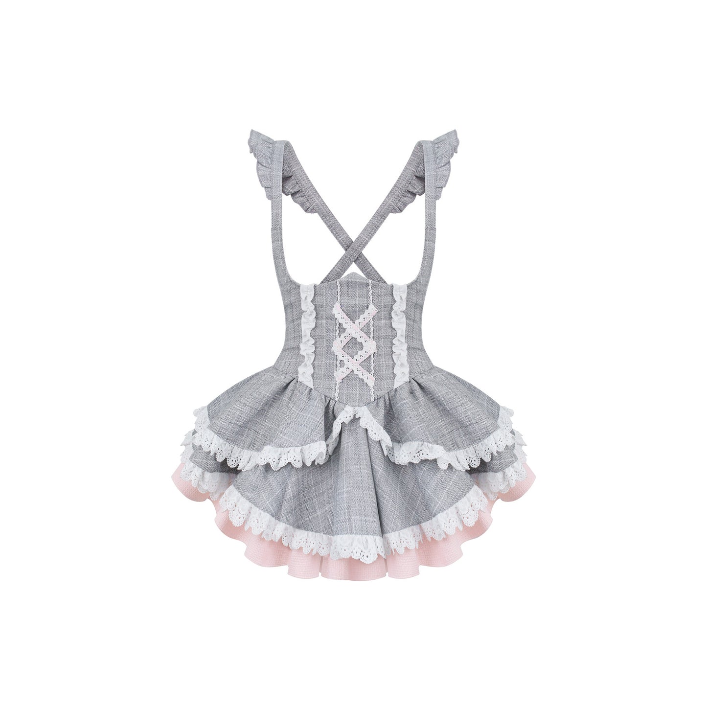 Gray checkered dress with white lace details on a white background