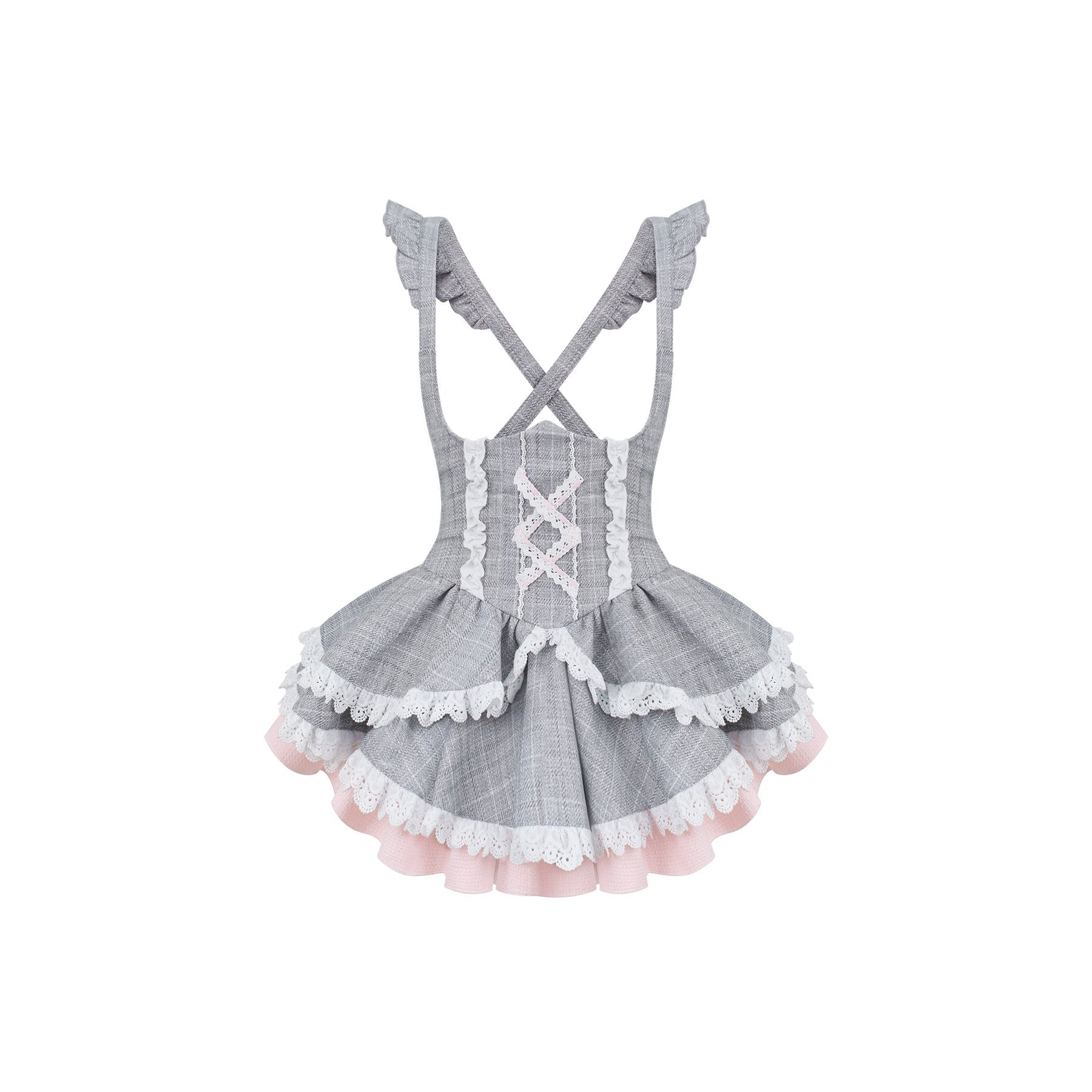Gray checkered dress with white lace details on a white background
