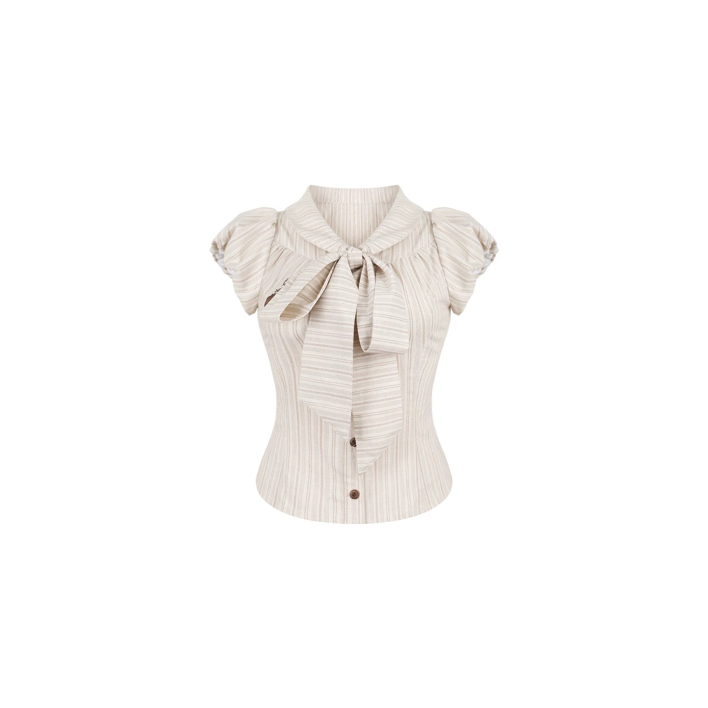 Beige ruffled blouse with a tie detail on a white background