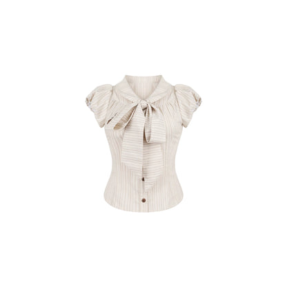 Beige ruffled blouse with a tie detail on a white background