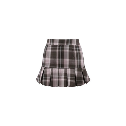 A pleated mini skirt with a plaid pattern in dark gray, black, and light pink, shown against a plain white background.