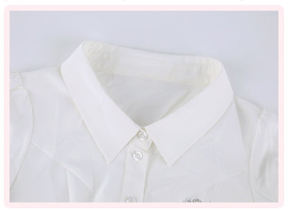 Close-up of a white long-sleeve collared blouse with a buttoned front and pointed collar, shown against a light gray background with a thin pink border.