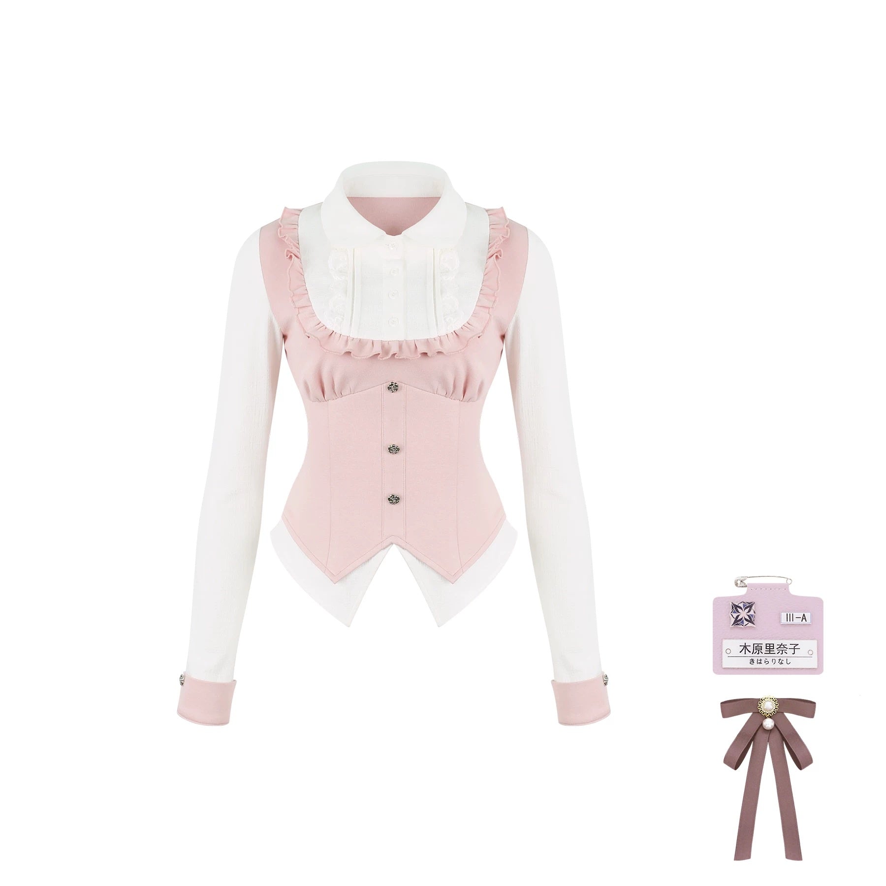 Pink corset with white long-sleeve shirt and hair accessory on a white background