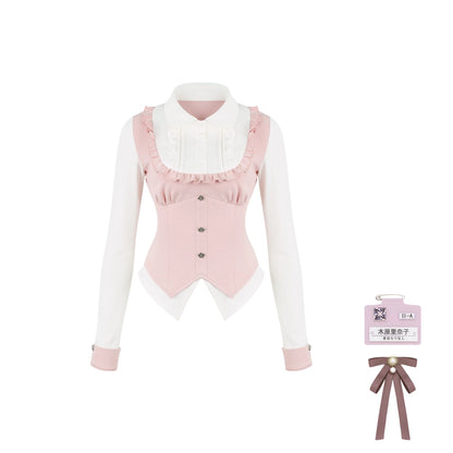 Pink corset with white long-sleeve shirt and hair accessory on a white background