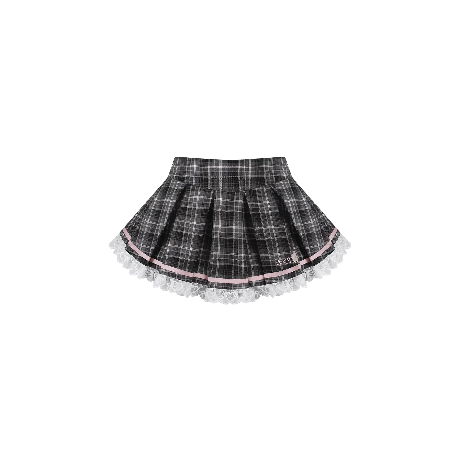 Plaid skirt with lace trim on a white background