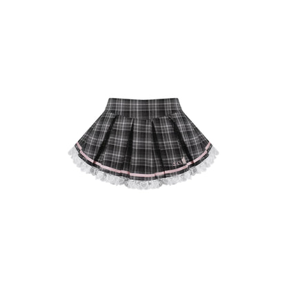 Plaid skirt with lace trim on a white background