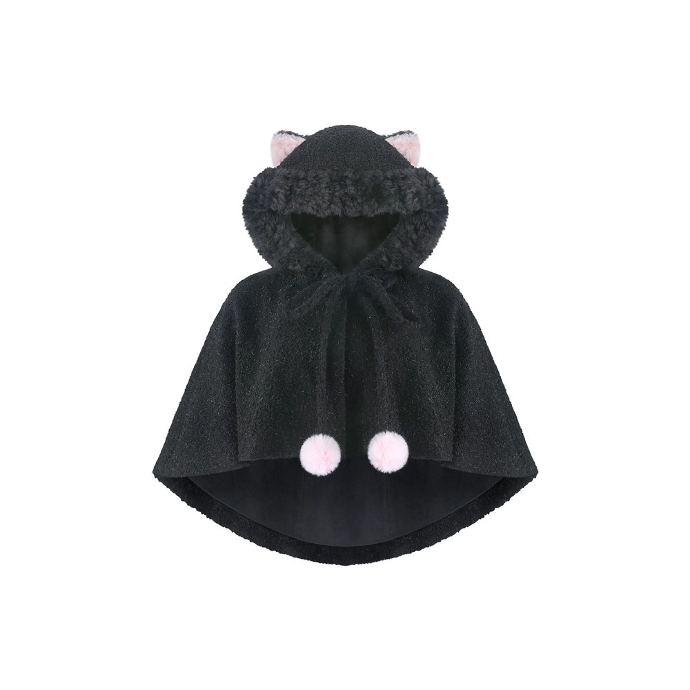 A black plush hooded cape with pink cat ears on the hood and two pink pom-poms on the front, shown against a plain white background.
