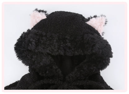 A black plush hooded jacket or robe with fluffy cat-ear details, featuring light pink inner ears, shown against a plain white background.