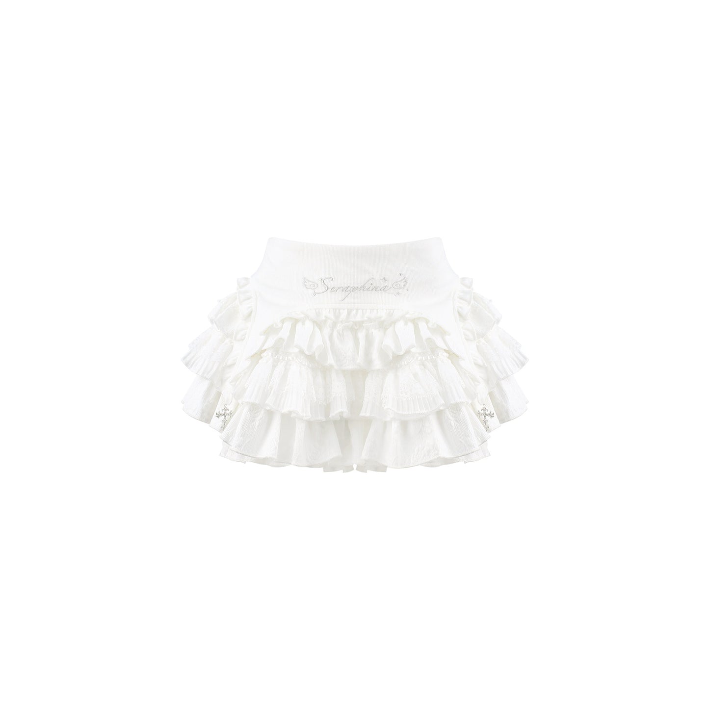 A white ruffled skirt with multiple tiers of delicate fabric and small embroidered details, shown against a plain white background.