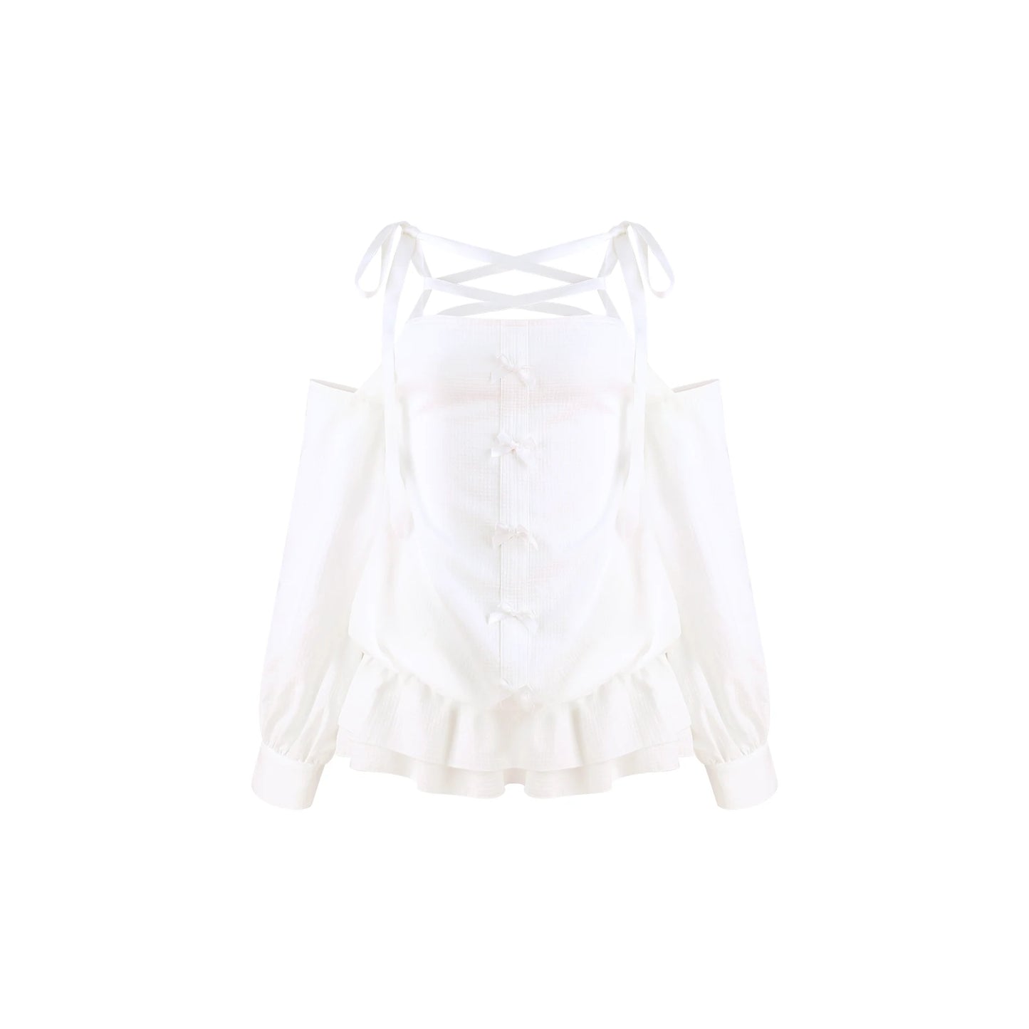 A white long-sleeve cold-shoulder blouse with a lace-up corset-style bodice, ruffled hem, and thin shoulder ties, shown on a plain white background.