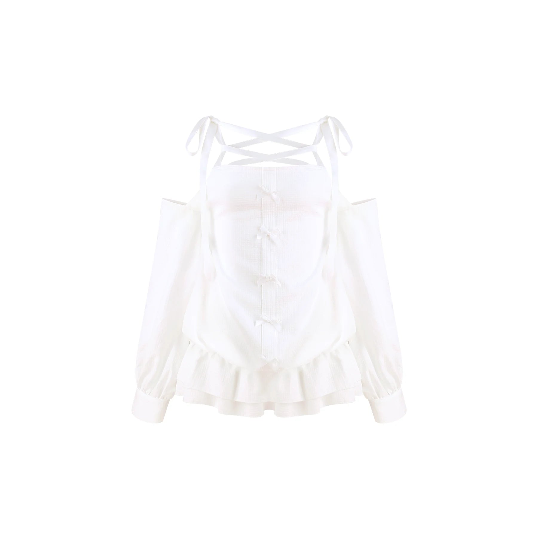 A white long-sleeve cold-shoulder blouse with a lace-up corset-style bodice, ruffled hem, and thin shoulder ties, shown on a plain white background.