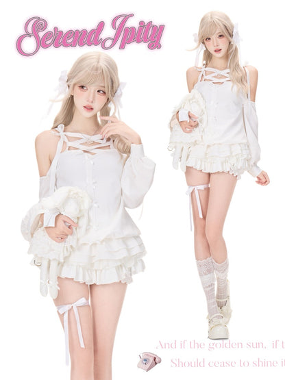 A fashion catalog image featuring a model in two poses wearing a white lolita-style outfit with lace-up halter details, ruffled sleeves, and a matching ruffled mini skirt.
